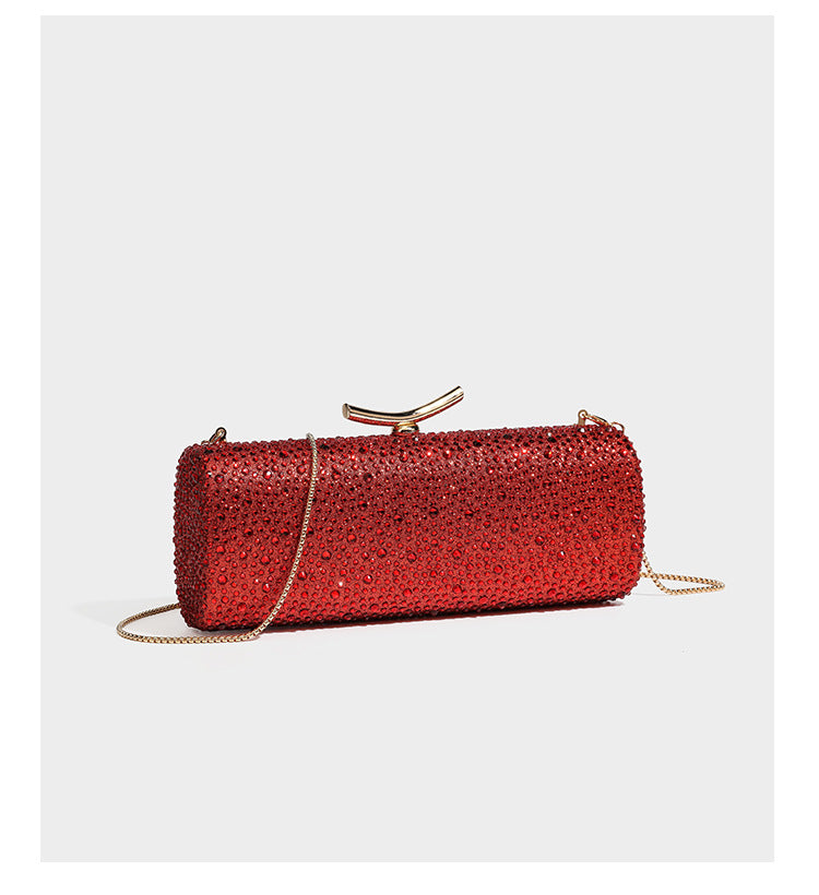 Structured rectangular hard-case clutch bag covered in all-over rhinestone crystal embellishment with curved kiss-lock top