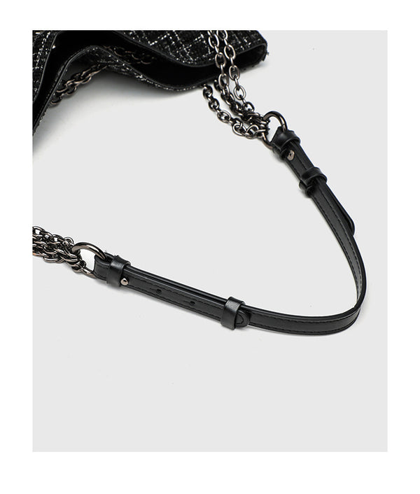 Große schwarze Schulter-Tote-Bag mit Tweedstruktur, silberfarbener Kette und Riemen in Lederoptik, Metallösen und Außenreißverschluss