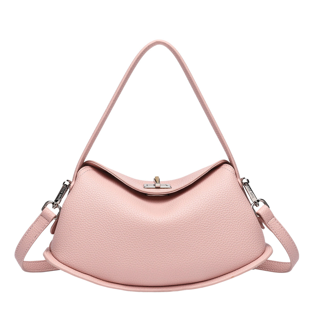 Pebbled leather-look half-moon saddle bag with turn-lock flap closure, top handle, and detachable crossbody strap, detail