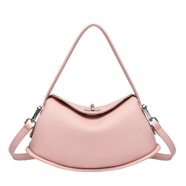 Pebbled leather-look half-moon saddle bag with turn-lock flap closure, top handle, and detachable crossbody strap, detail