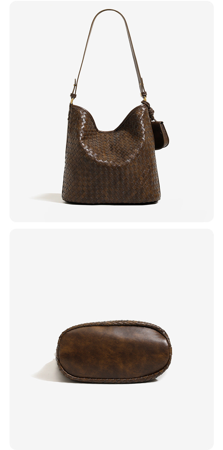 Dark brown woven leather-look bucket shoulder bag with mini pouch charm and gold-tone hardware, detail view 7