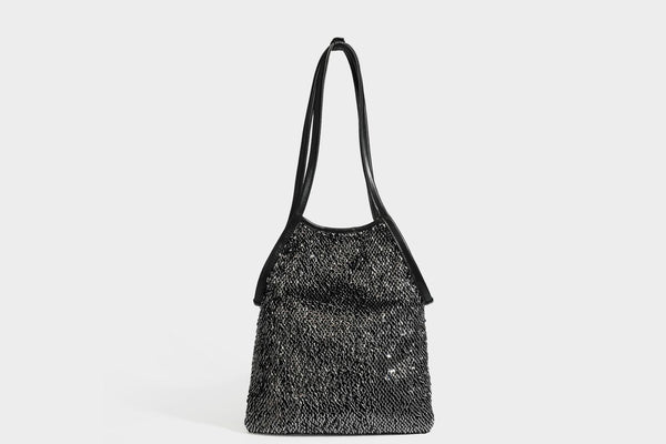 Kleine Schulter-Tote-Bag mit Pailletten, langem Metallic-Riemen und trapezförmiger Silhouette, Detailansicht 30