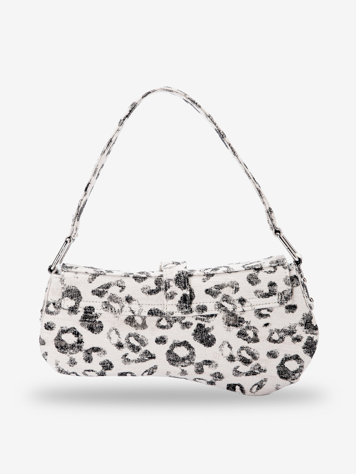 Small washed leopard print shoulder bag in blue-grey with silver buckle strap and stud accents, detail view 18