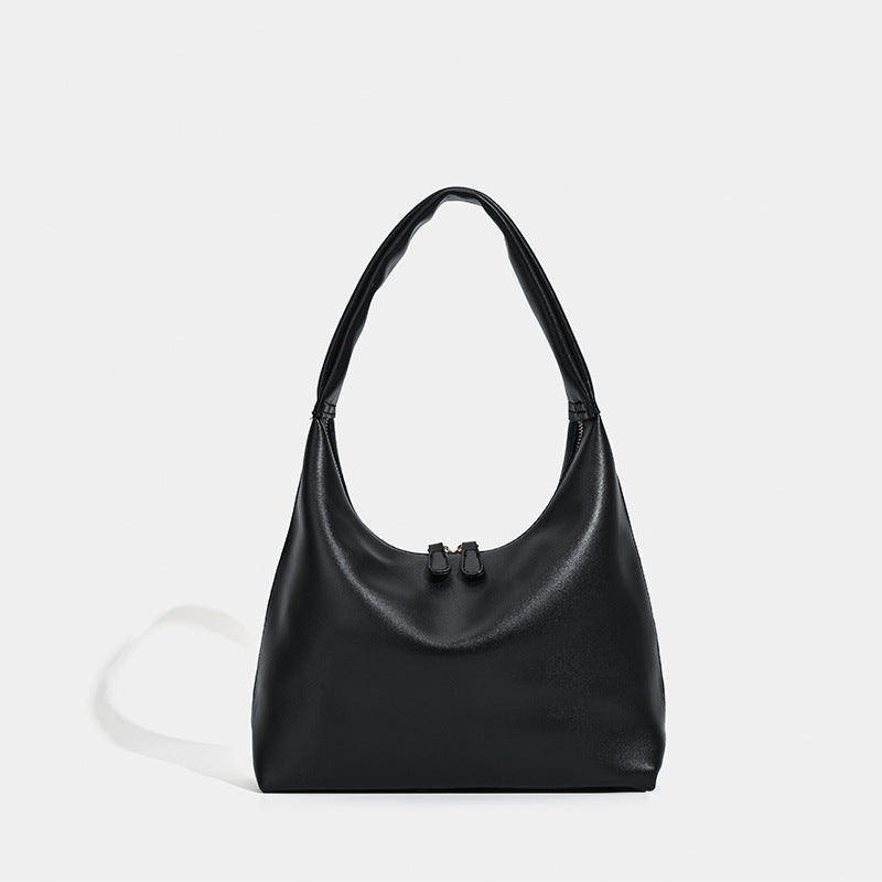 Smooth leather-look slouchy hobo shoulder bag with zip closure and wide single strap, detail view 6