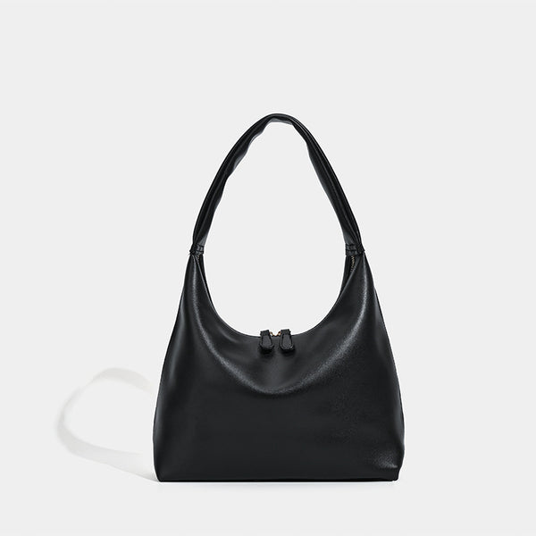 Smooth leather-look slouchy hobo shoulder bag with zip closure and wide single strap, detail view 6