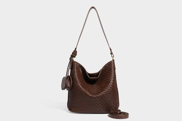 Woven-look slouchy hobo shoulder bag in brown with attached mini pouch and gold-tone hardware, detail view 46