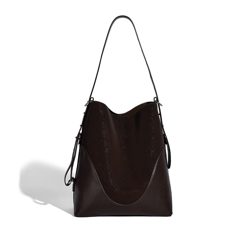 Large two-tone matte suede-effect and smooth leather-look bucket tote bag with detachable zip pouch and silver-tone hardware