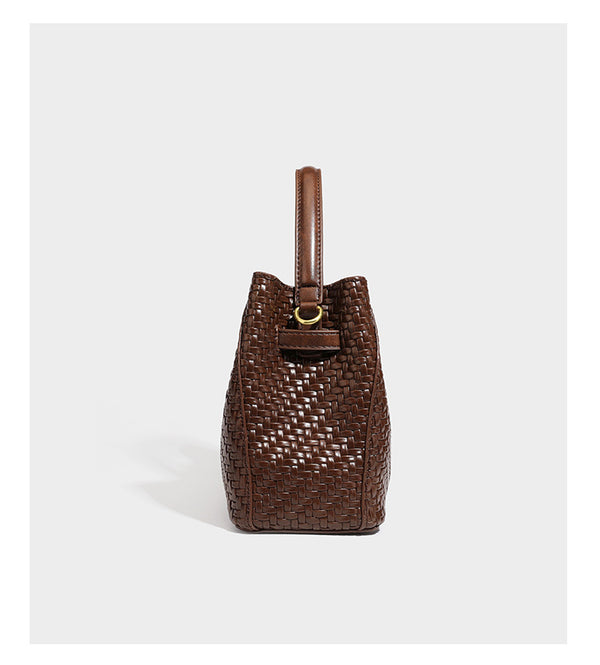 Structured woven leather-look bucket bag with gold-tone turn-lock hardware and detachable shoulder strap, detail view 14