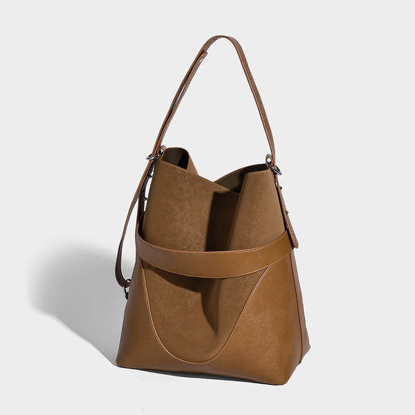 Large two-tone matte suede-effect and smooth leather-look bucket tote bag with detachable zip pouch and silver-tone hardware