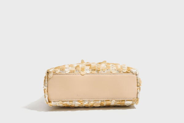 Small crescent sequin shoulder bag with pearl beaded strap and zip closure, detail view 29