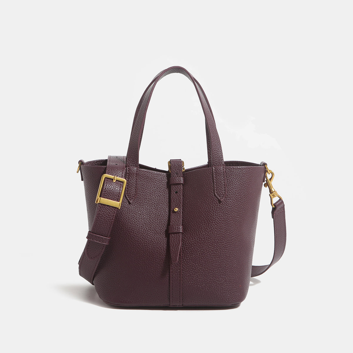 Small structured pebbled leather-look bucket tote bag with dual top handles and silver-tone hardware, detail view 9