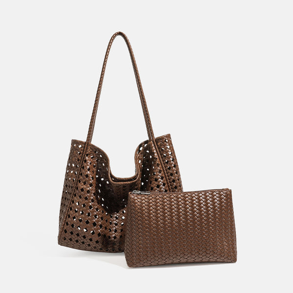 Slouchy open-lattice woven shoulder tote bag with long braided straps and matching zip pouch, detail view 6