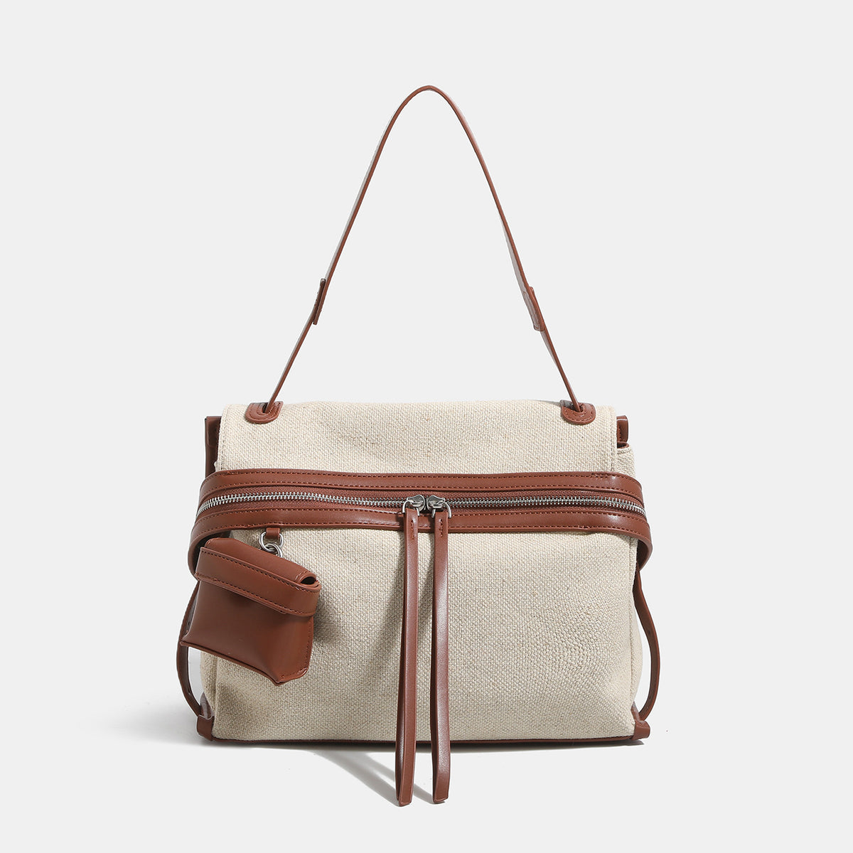 Off-white woven cotton-linen shoulder bag with brown leather-look trim, dual zip closure, long zipper pulls, front exterior