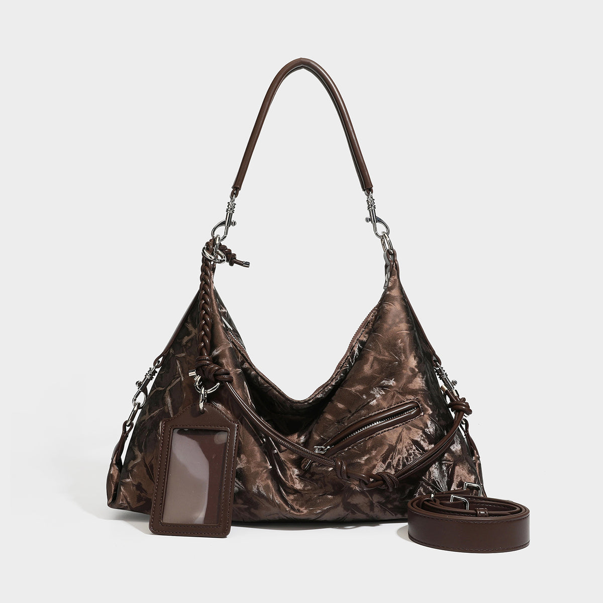 Slouchy hobo shoulder bag in crinkled metallic brown leather-look finish with braided rope knots, silver-tone hardware