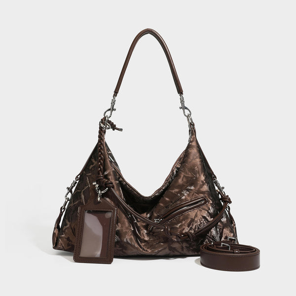 Slouchy hobo shoulder bag in crinkled metallic brown leather-look finish with braided rope knots, silver-tone hardware