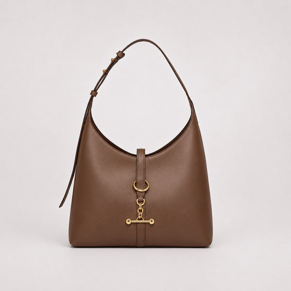 Slouchy hobo shoulder bag with gold-tone toggle ring hardware and adjustable strap, detail view 4