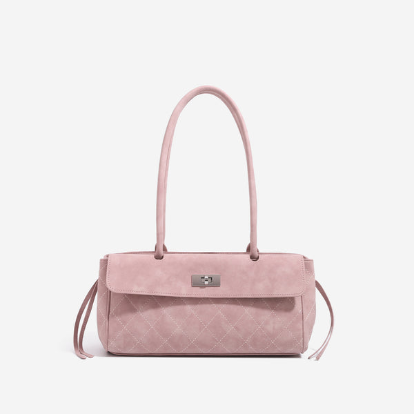 Structured diamond-quilted baguette shoulder bag with gold-tone turn-lock closure and side drawstring ties, detail view 8