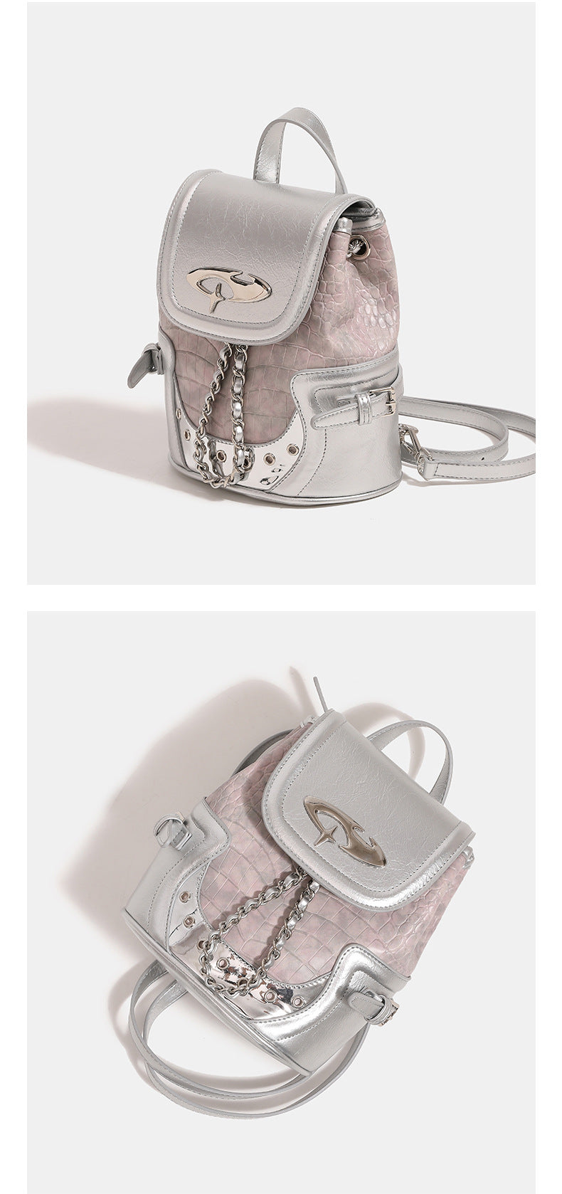 Croc-embossed mini backpack handbag with metallic silver flap, turn-lock closure, chain front detail, and top handle, detail