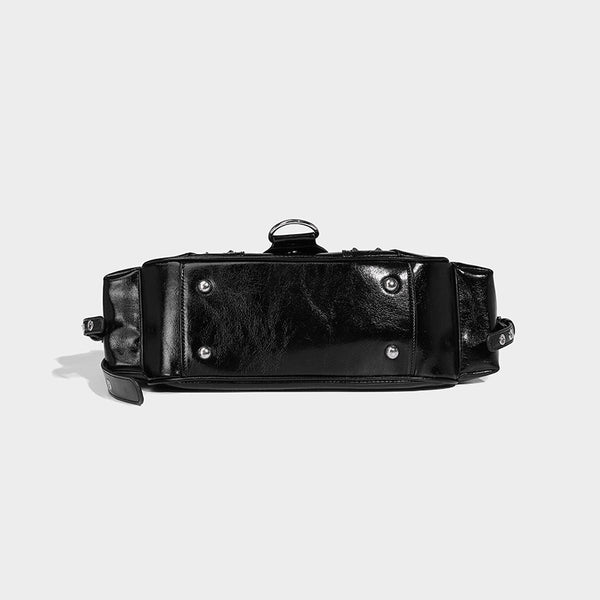 Compact glossy leather-look crossbody bag with silver studs, buckle hardware, and multiple zip pockets, detail view 22