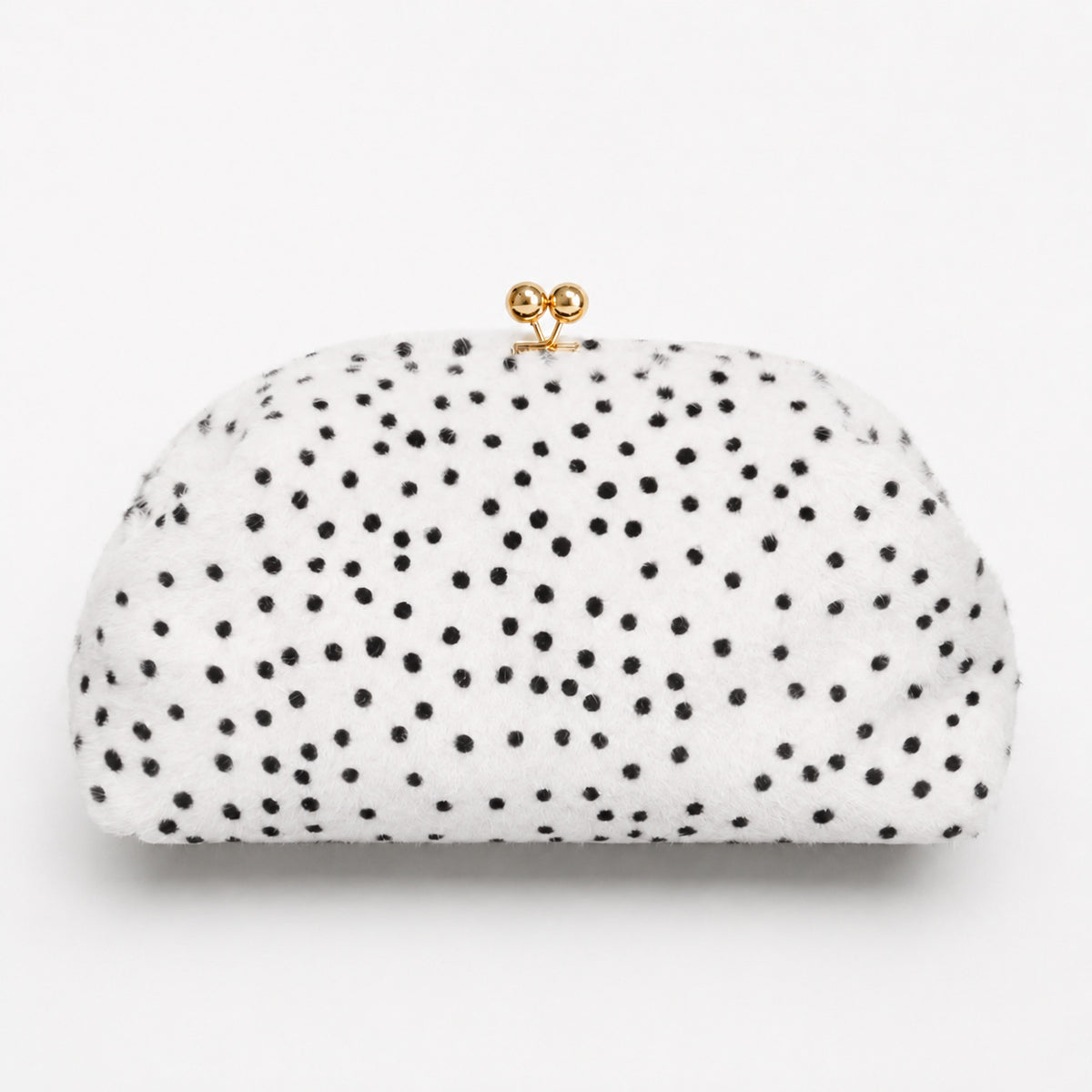 Rounded spotted faux-fur kiss-lock clutch bag with gold-tone chain strap in cream with black dot print, detail view 6