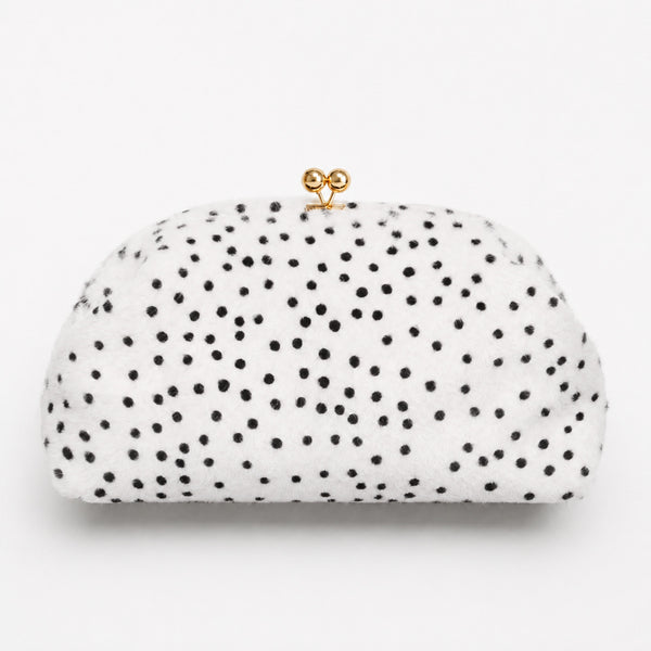 Rounded spotted faux-fur kiss-lock clutch bag with gold-tone chain strap in cream with black dot print, detail view 6