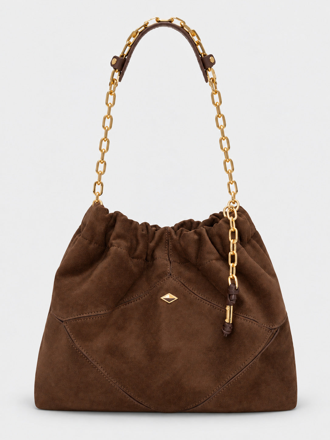 Slouchy suede-look shoulder bag with gathered top, angular stitched paneling, and chunky gold-tone chain strap, detail view 6