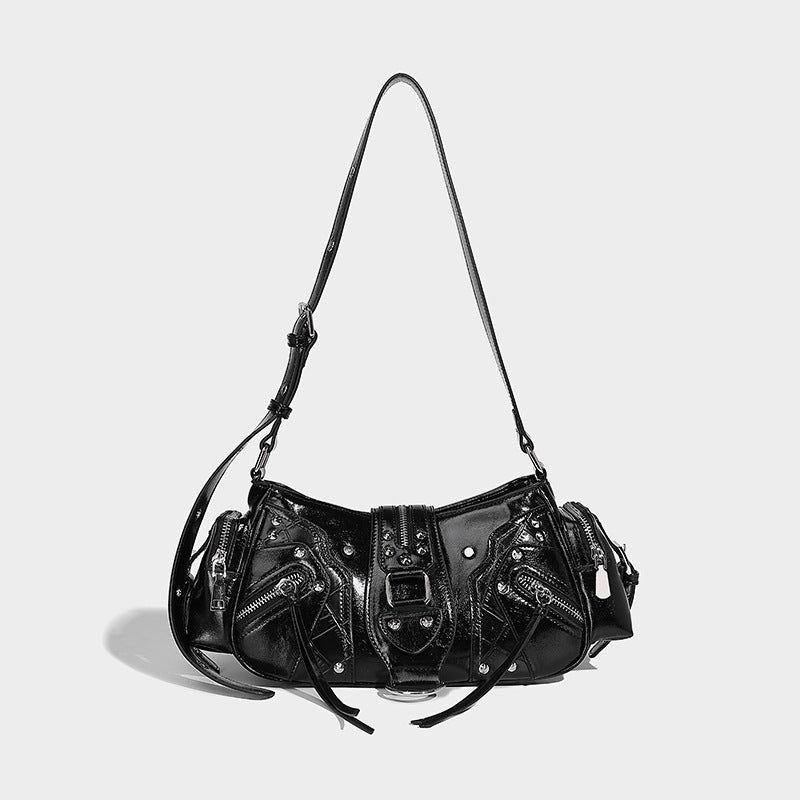 Compact glossy leather-look crossbody bag with silver studs, buckle hardware, and multiple zip pockets, detail view 15
