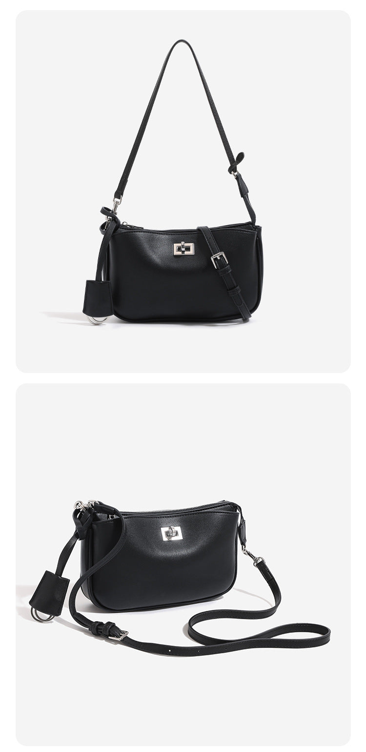 Kleine, formstabile Schultertasche aus glattem Kunstleder mit Drehverschlussfach auf der Vorderseite und verstellbarem Riemen, Detailansicht 13