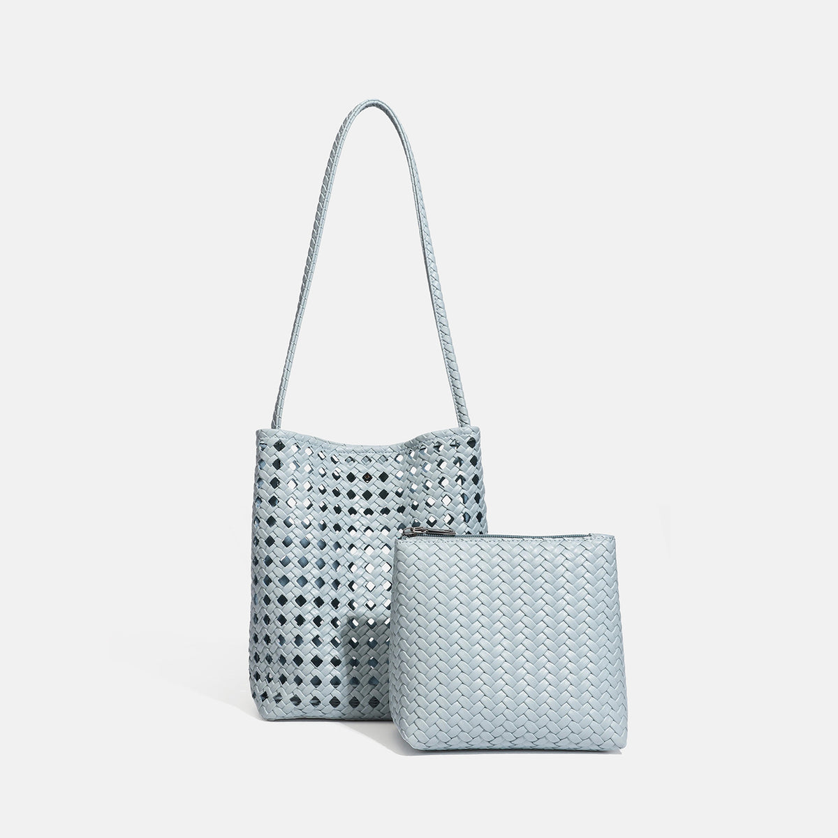 Altrosa Bucket-Bag aus offenmaschigem Webmaterial mit langem Flechtriemen und passender Innentasche mit Reißverschluss, Detailansicht 13