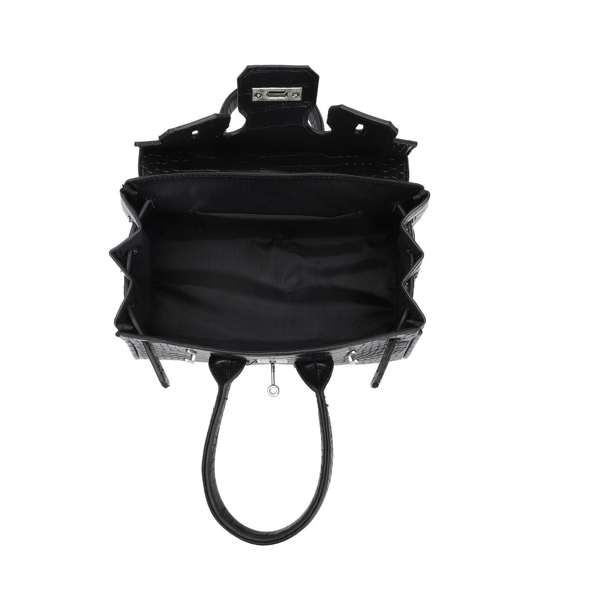 Croc-embossed structured trapezoid satchel with silver turn-lock hardware, rounded top handles, and detachable shoulder