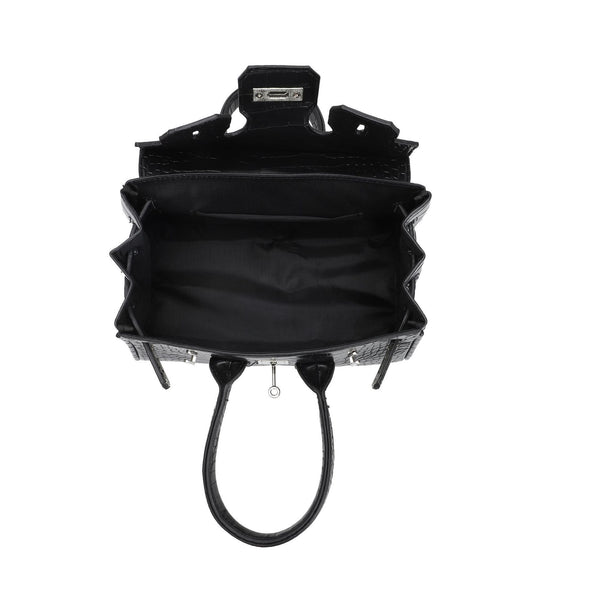 Croc-embossed structured trapezoid satchel with silver turn-lock hardware, rounded top handles, and detachable shoulder