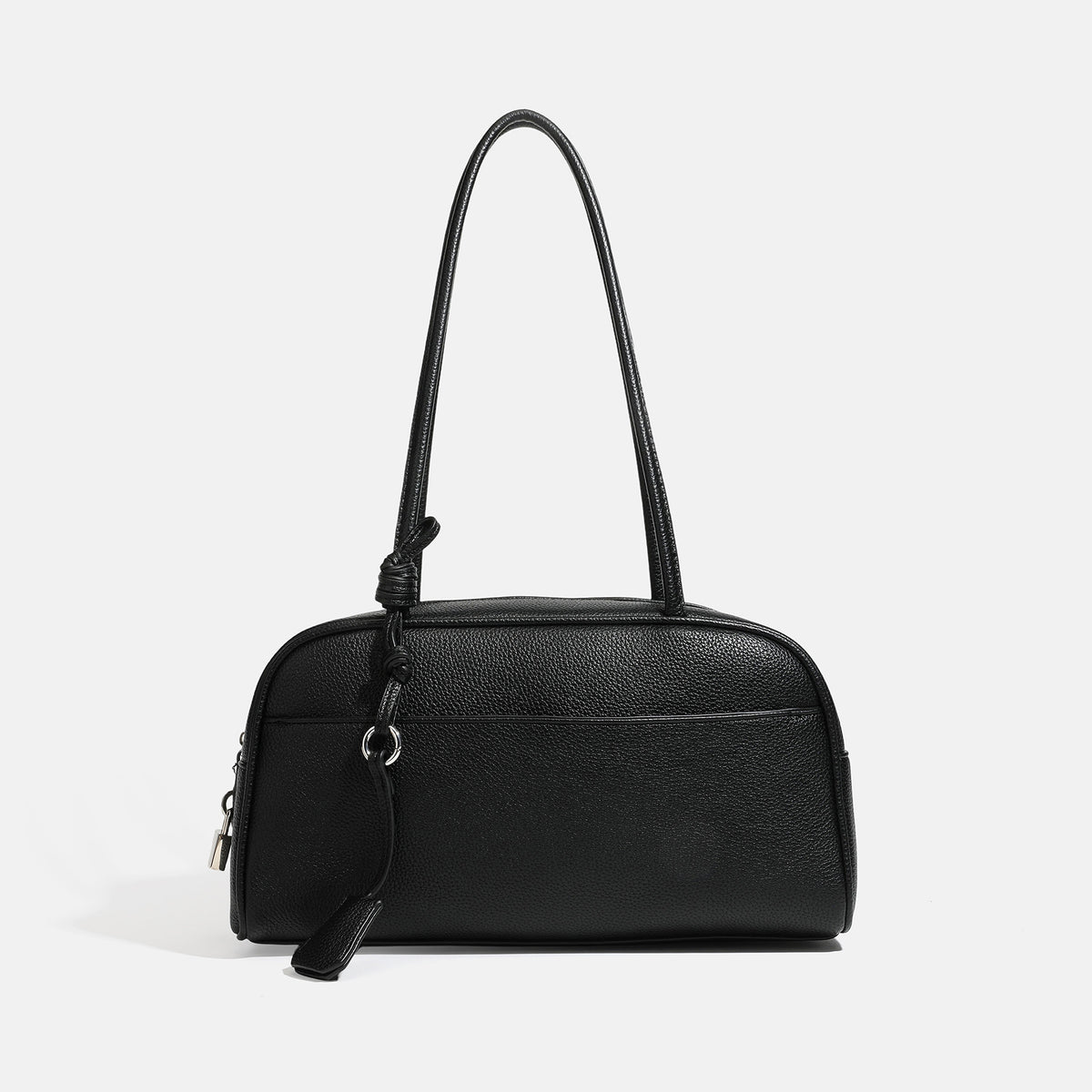 Structured rounded rectangular shoulder bag with pebbled leather-look finish, dual long handles, top zipper, front zip