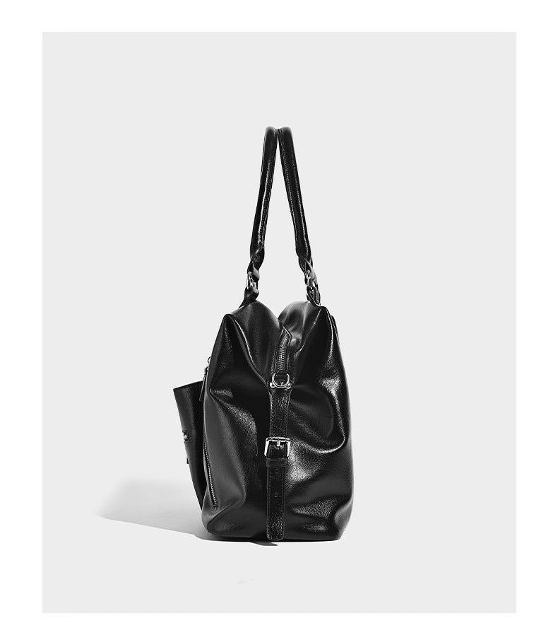 Glänzende strukturierte Tote-Henkeltasche mit zwei Tragegriffen, abnehmbarem Crossbody-Riemen, Reißverschlusstaschen auf der Vorderseite und silberfarbenen Beschlägen