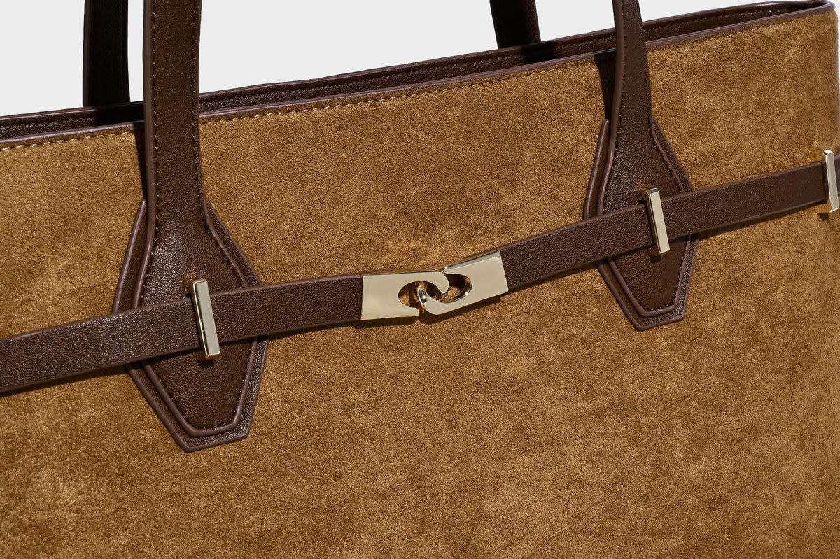 Structured suede-look shopper tote with wraparound belt strap and gold turn-lock clasp, long dark brown shoulder handles