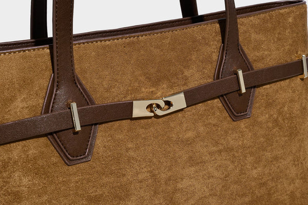 Structured suede-look shopper tote with wraparound belt strap and gold turn-lock clasp, long dark brown shoulder handles
