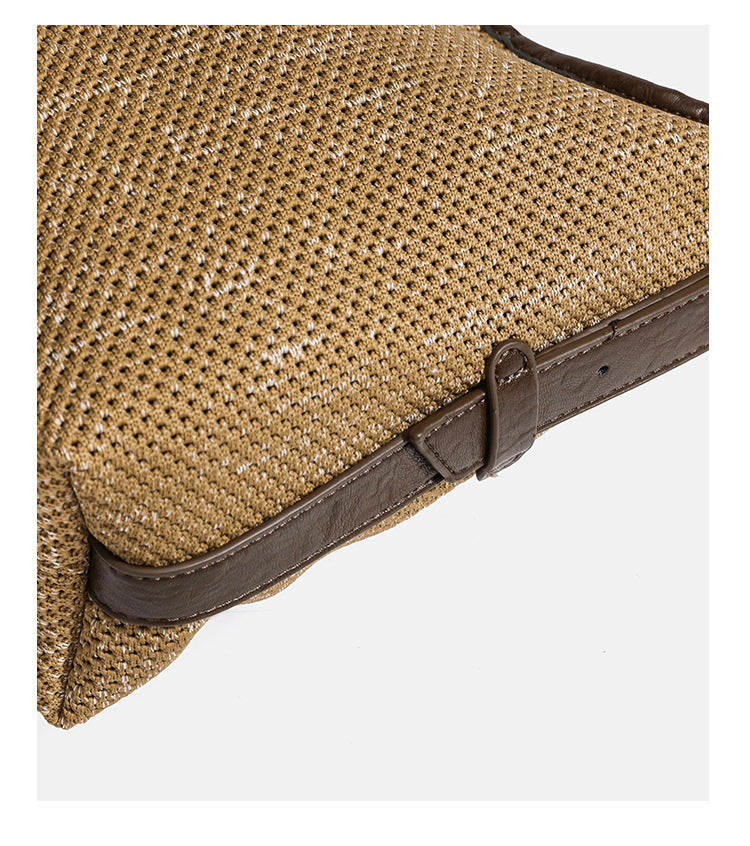 Large slouchy woven shoulder bag with dark brown leather-look trim and adjustable strap, detail view 13