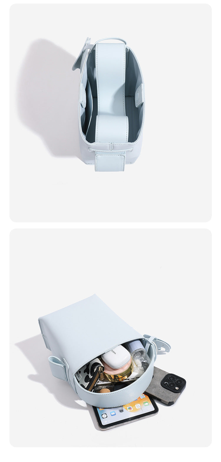 Mini-Bucket-Bag mit strukturierter Form und glatter, matter Oberfläche in eisblauer Lederoptik, gewölbtem Henkel und abnehmbarem Crossbody-Riemen