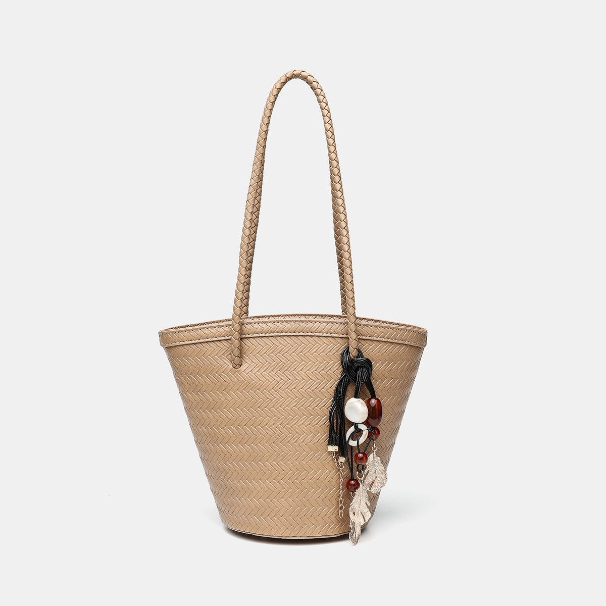 Woven herringbone-texture bucket bag with braided rope shoulder strap in dark brown, detail view 9