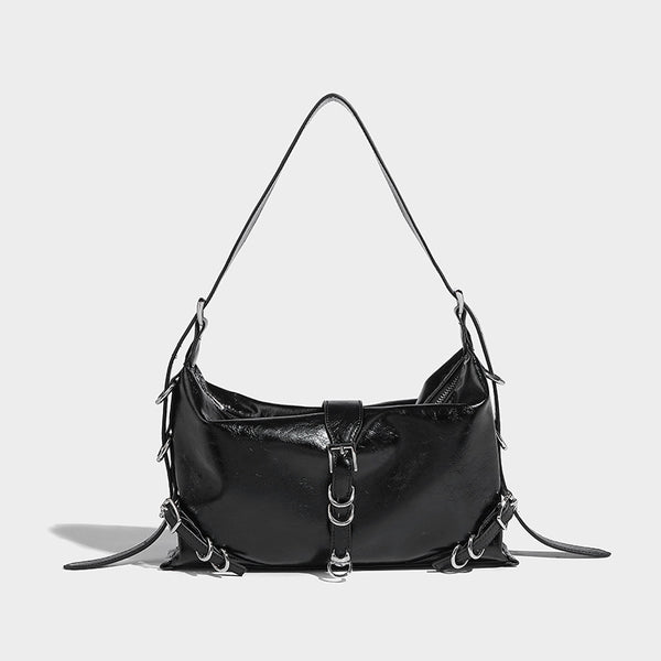 Lässig fallende Hobo-Schultertasche mit Used-Finish, silberfarbenen Ring- und Schnallendetails sowie verstellbarem Riemen, Detailansicht 7