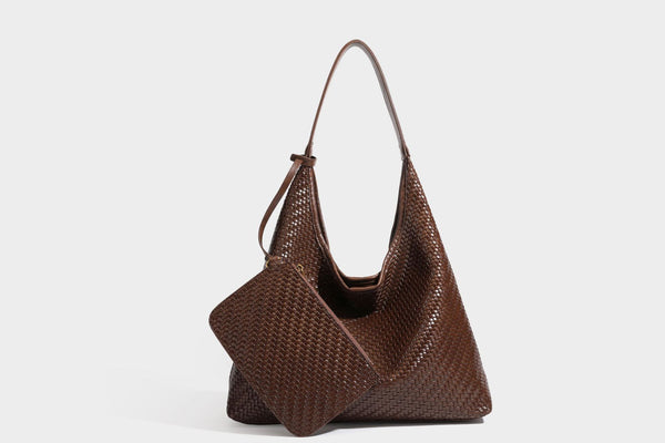 Slouchy woven leather-look hobo tote bag in brown with detachable zip pouch and gold-tone hardware, detail view 30