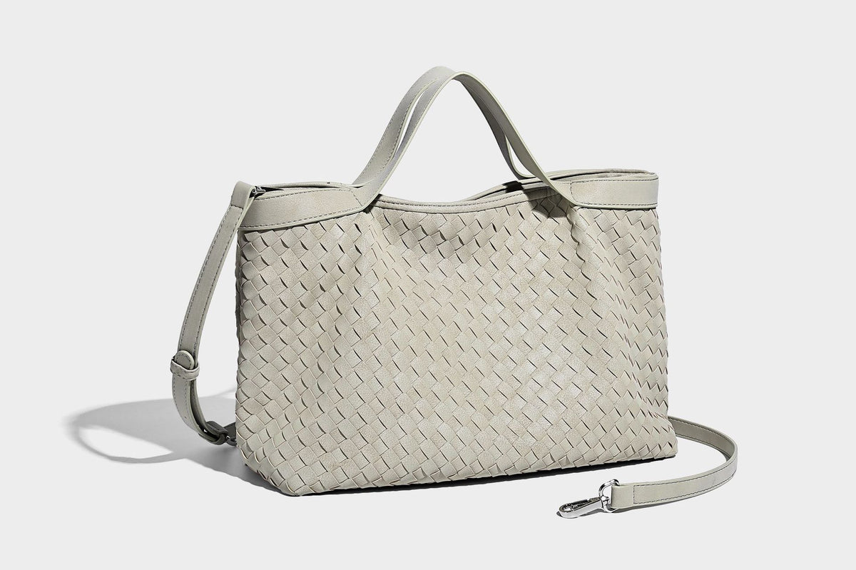Große, formstabile Tote-Bag in Lederoptik mit gewebter Struktur und passender kleiner Tasche in Dunkelbraun, zwei Henkeln und verstellbarem