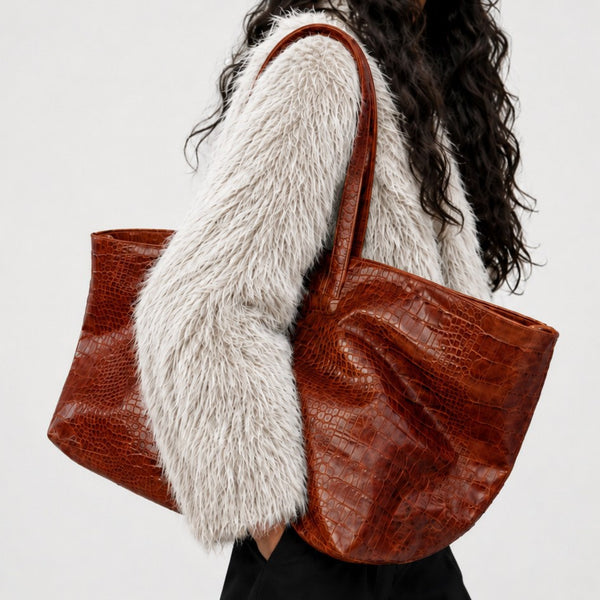 Oversized glossy crocodile-embossed tote bag with long double shoulder straps, detail view 2