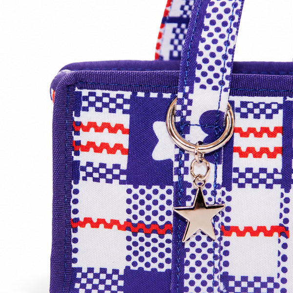 Structured rectangular retro plaid mini handbag with flower and star appliqués, silver star charm, and twin top handles