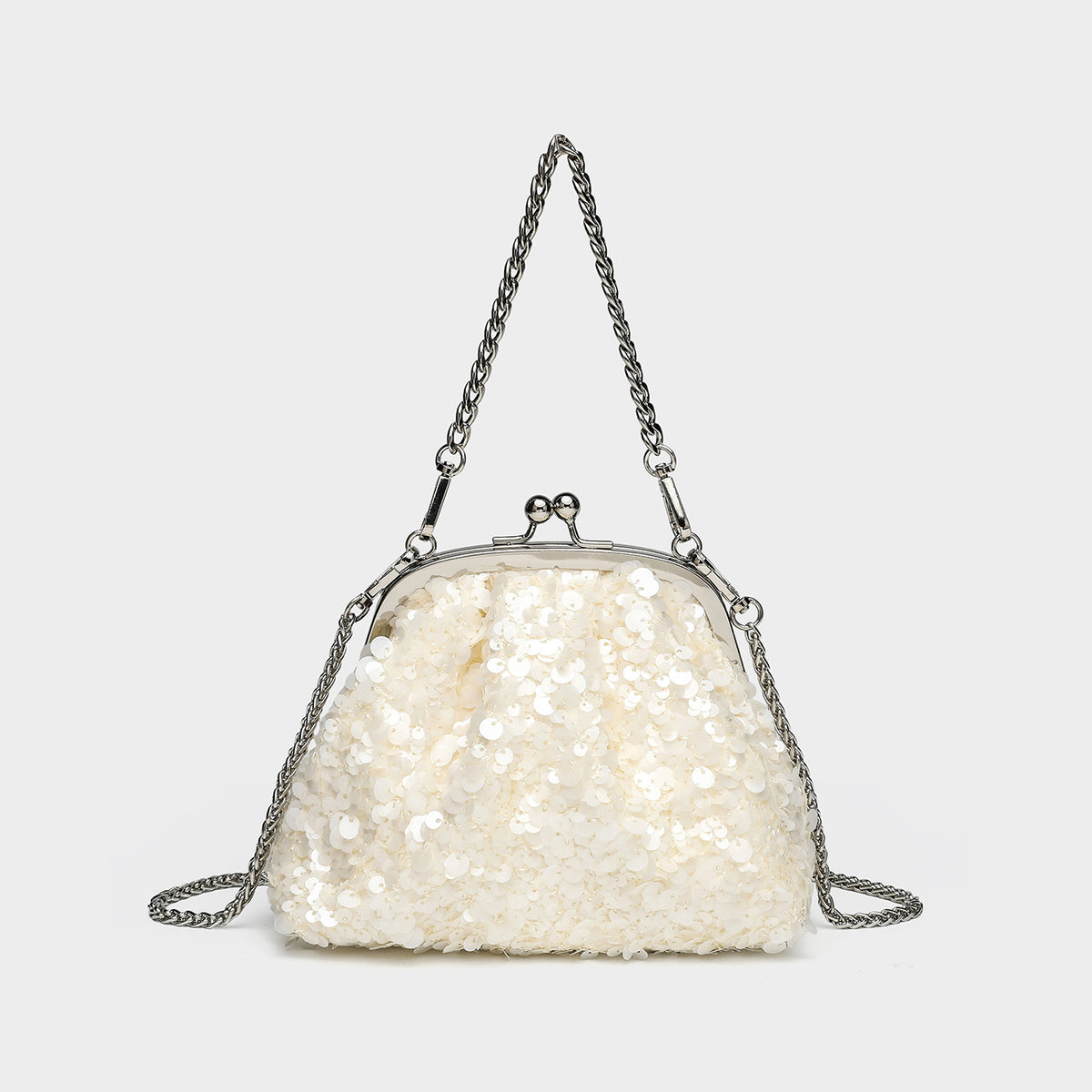 Small structured sequin kiss-lock evening bag with silver-tone chain strap in cream white, front view