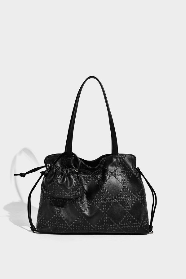 Große Tote-Schultertasche aus geprägtem Lederimitat in Elfenbein-Creme mit zwei langen Riemen, seitlicher Kordelraffung und abnehmbarem