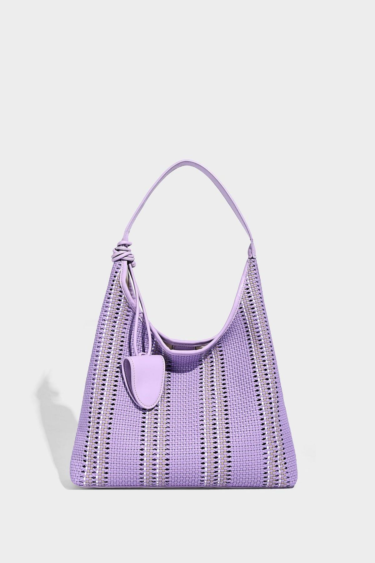 Woven striped slouch shoulder tote bag with knotted strap and attached front flap pouch, detail view 26