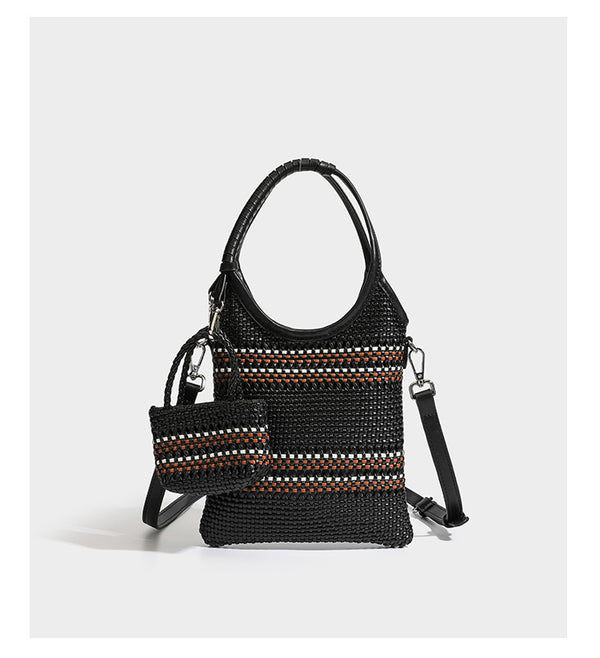 Brown two-tone woven leather-look shoulder bag with braided top handles, detachable mini pouch, and adjustable crossbody