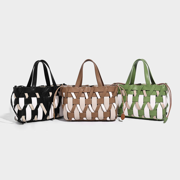 Small structured woven lattice tote bag with dual top handles and detachable shoulder strap in brown and cream leather-look