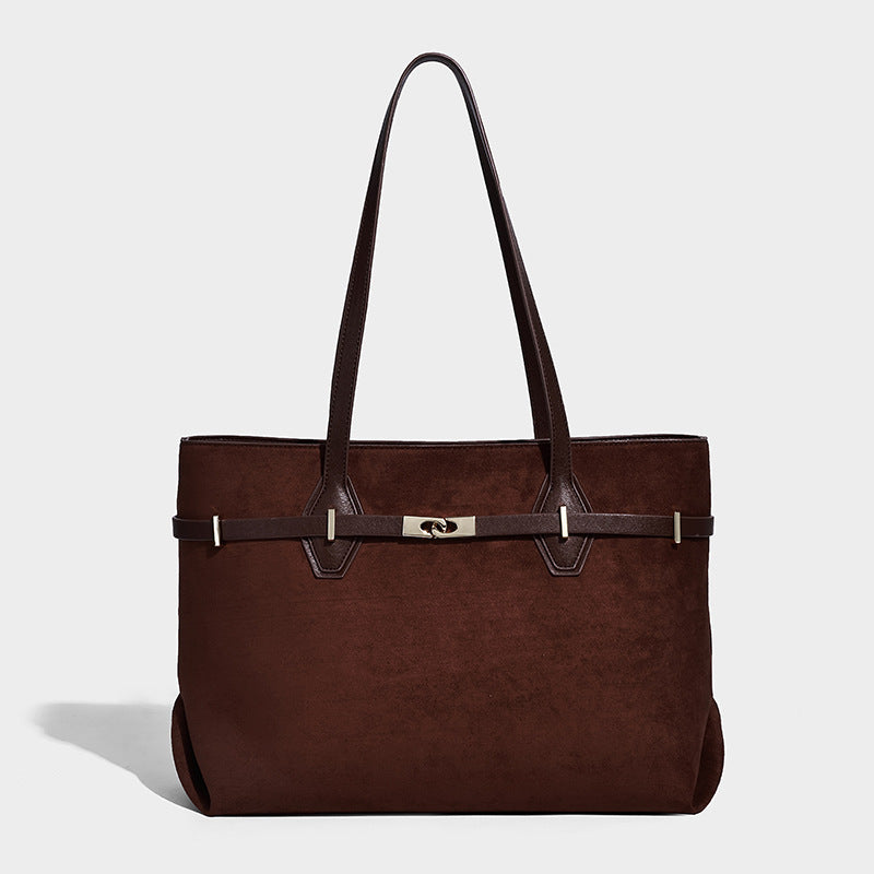 Structured suede-look shopper tote with wraparound belt strap and gold turn-lock clasp, long dark brown shoulder handles