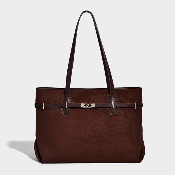 Structured suede-look shopper tote with wraparound belt strap and gold turn-lock clasp, long dark brown shoulder handles